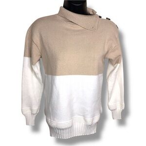 Small Poof Apparel Sweater White Beige Knit Colorblock Long Sleeve Mock Neck